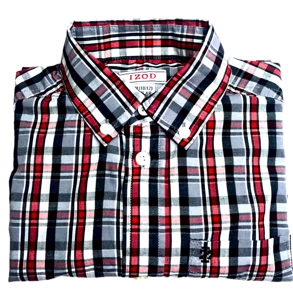 Izod Boys Navy/Red Size 12 Checked Button Down Long Sleeve Shirt